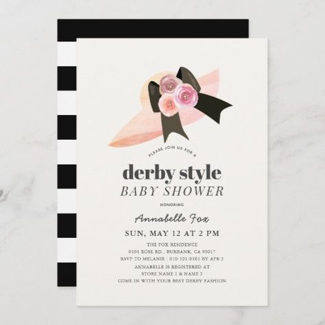 $2.56 | Derby Style Big Hat Rose Baby Shower Invitation #invite #derby #kentuckyderby #hat #rose #spring #pink #black #babyshower #babygirl Derby Party Invitations, Rosé Birthday, Girl Birthday Party Invitations, 1st Birthday Party Invitations, Rose Girl, Derby Party, Big Hat, Derby Hat, 1st Birthday Invitations