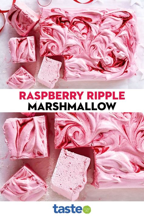 Try your hand at homemade marshmallows! Rippled with tangy raspberry puree, these are the perfect gift to give out this holiday season Raspberry Puree, Raspberry Ripple, Australian Christmas, Recipes With Marshmallows, Homemade Marshmallows, Indulgent Desserts, Christmas Cooking, Christmas Desserts, Marshmallows