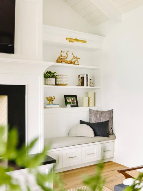 Ideas for Creating a Comfy Reading Nook | west elm Alcove Seating, Built In Bench Seating, Built In Around Fireplace, Living Room Nook, Sitting Nook, Room Nook, Built In Shelves Living Room, Living Room Built Ins, Shelves Living Room