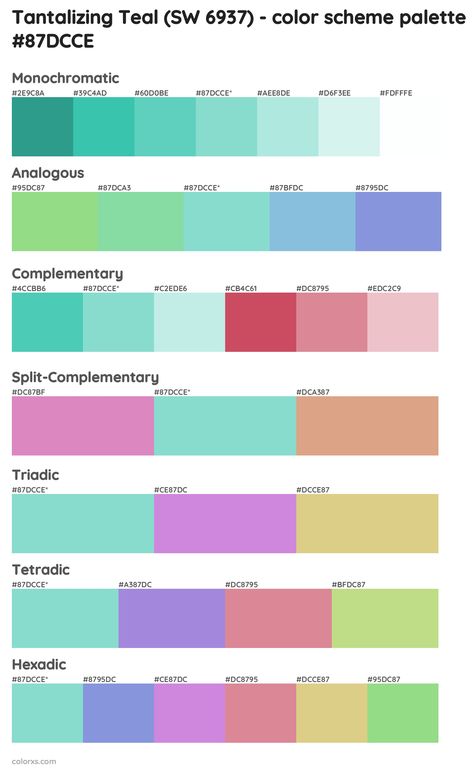 Tantalizing Teal (SW 6937) Color Scheme Palettes Tantalizing Teal, Draw A Hexagon, Turquoise Color Scheme, Wardrobe Colors, Teal Rooms, Teal Color Palette, Analogous Color Scheme, Split Complementary, Split Complementary Colors