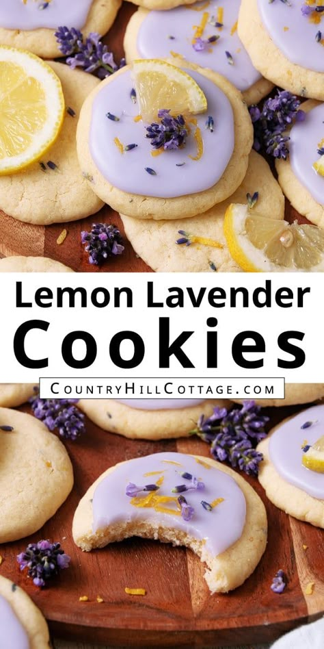 Homemade lemon lavender cookies feature a bright, citrusy-floral taste and a soft, buttery texture, topped with a sweet lemon lavender glaze and decorated with lemon zest and lavender buds. They are full of beautiful lavender aroma and bright, zesty lemon flavor. The texture is soft and buttery, with a tender crumb and slightly crispy edges. The easy recipe comes together quick, calls for simple ingredients and doesn’t require chilling. Great for summer and gift giving. | CountryHillCottage.com Lemon Lavender Cookies, Lavender Glaze, Glutenfri Baking, Lavender Cookies, Lavender Recipes, Kitchen Witchery, Sweet Lemon, Lemon Flavor, Lavender Flower