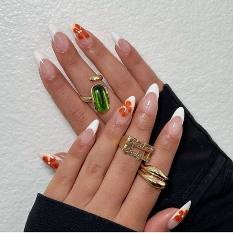 White Funky Nails, French Nail With Flower, Almond Nails Colorful, Nails For Europe Trip, Funky French Nails, Mexican Style Nails, Europe Summer Nails, Different Nail Designs, Summery Nails