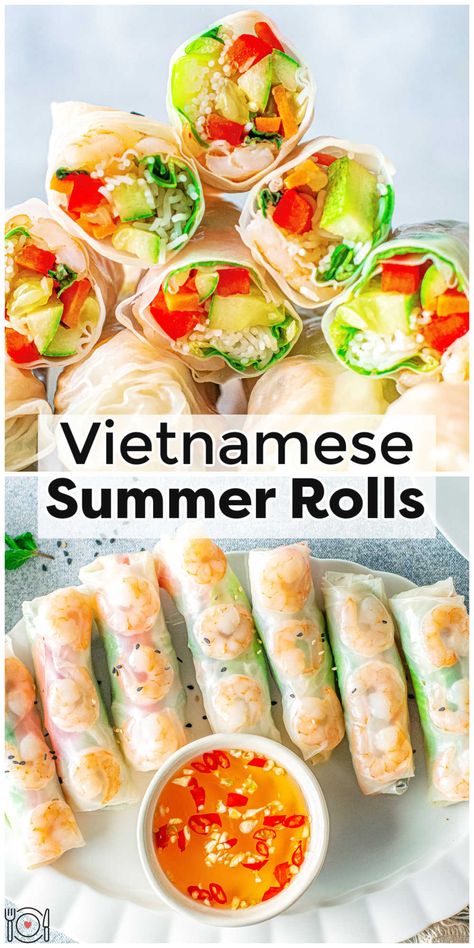 Vietnamese Summer Rolls are a fresh and healthy appetizer or light lunch that is made with shrimp, rice paper, noodles, lettuce, bell pepper, carrot, and cucumber. via @foodfolksandfun Crab Spring Rolls Rice Paper, Prawn Rice Paper Rolls, Shrimp Rice Paper Rolls, Spring Rolls Rice Paper, Asian Spring Rolls, Pescatarian Food, Rice Paper Rolls Recipes, Vietnamese Rolls, Hot Sauce Chicken