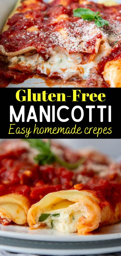 Homemade Gluten-Free Manicotti with Easy Crepe Shells Gluten Free Manicotti Recipe, Homemade Manicotti Recipe, Manicotti Crepes, Mamagourmand Recipes, Gluten Free Pasta Dishes, Manicotti Pasta, Gf Pasta, Gluten Free Substitutes, Gluten Free Entrees