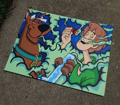 Scooby Doo And Shaggy Drawings, Painting Ideas High Cartoons, Funny Cartoon Paintings, Scooby Painting, Painting Ideas On Canvas Cartoon Characters, Trippy Cartoon Painting Ideas, Cartoon Characters Paintings, Scooby Doo Drawing, Cartoon Character Paintings