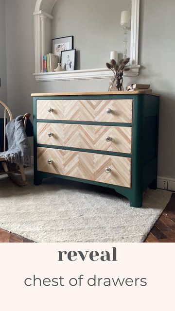 Danielle - UK Based Furniture Upcycles & DIY on Instagram: "Don’t do it! Sometimes you just need to give it a go and see what happens. I loved the last piece I did with a herringbone design and just couldn’t resist giving it another go. #paintedfurniture #housetohome #diy #diyideas #chestofdrawers #upcycledfurniture #bedroominspo #bedroomdecor #beforeandafterfurniture #furnituremakeover" Malm Dresser Upcycle, Herringbone Wood Dresser, Refinished Chest Of Drawers, Upcycle Chest Of Drawers, Chest Of Drawers Diy, Herringbone Dresser, Herringbone Cabinet, Ikea Upcycling, Diy Chest Of Drawers