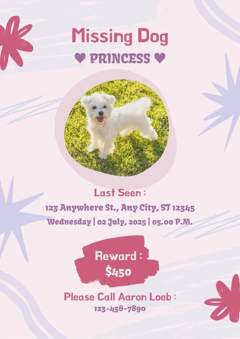 Templates Missing Pet Poster, Missing Dog Poster, Lost Dog Poster, Princess Dog, Poster Aesthetic, Dog Poster, Losing A Dog, Custom Posters, Landscape Prints