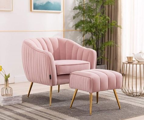 Velvet Art Deco style chair with ottoman footrest, best chairs for book lovers Office And Guest Room, Comfy Reading Chair, Modern Tub, Dressing Chair, Beach Themed Bedroom, Kursi Bar, Foot Rest Ottoman, Chair With Ottoman, Set Sofa