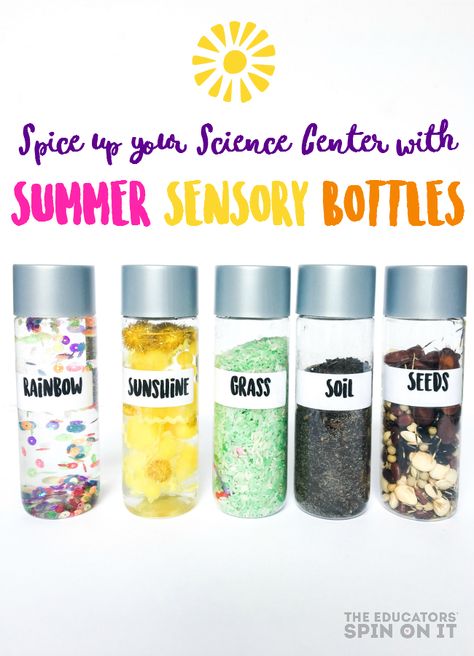 The easist summer sensory bottles for an interactive science center. Great for preschool and kindergarten science. Garden science Summer Sensory Bottles, Preschool Sensory Bottles, Garden Science, Summer Sensory, Science Area, Discovery Bottles, Sensory Crafts, Interactive Science, Summer Preschool