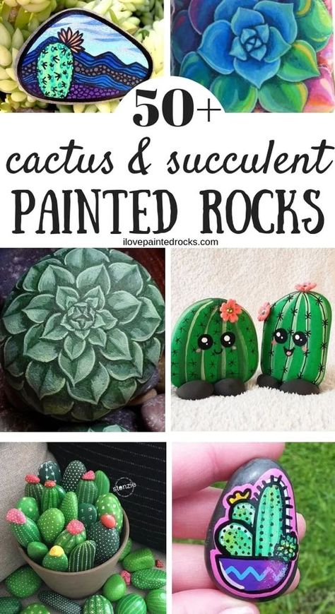 Need ideas for succulent or cactus painted rocks? There are more than 50 inspirational DIY painted stone projects here to enjoy. From succulent gardens that won’t die to faux cactus plants. This great round up features Etsy and Instagram artists and a few crafts bloggers, too! Be sure to check out all the fun rock painting ideas #paintedrocks #rockpainting #rockart #paintedstones #ilovepaintedrocks #crafts #easycrafts #painting #rockpaintingideas #rockgarden Diy Rock Painting Tutorials, Cactus Flower Painting, Succulent Rock Garden, Stone Cactus, Painted Rock Cactus, Rock Cactus, Stone Projects, Succulent Painting, Rock Plants