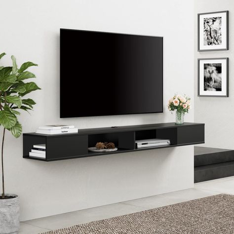 PRICES MAY VARY. 【LARGE STORAGE 】70" W x 11.8" D x 10.5" H .This floating tv console is perfect for DVD player, CDs, projector cable box, game console, TV component and decorations,side compartments provide additional storage. 【SPACE SAVING】Wall mounted console shelf,Keep the floor space under your television clear by storing TV equipment on the media console's wall mounted shelves.Cable Holes for hiding messy wires keeping your stuff neatly organized and within reach! 【Wire Management System】Th Black Floating Shelves Tv Wall, Tv With Floating Shelf Underneath, Tv Wall Mount Ideas Bedroom Small Spaces, Under Tv Shelf, Under Tv Decor, Entertainment Center Wall, Floating Shelves Tv Wall, Shelf Under Tv, Floating Shelf Under Tv