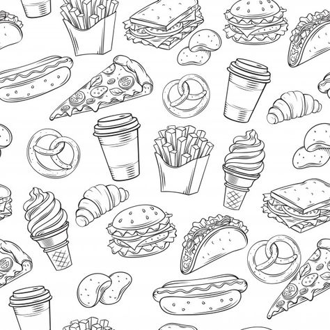 Fast food decorative seamless pattern. P... | Premium Vector #Freepik #vector #background #pattern #poster #food Food Logo Design Inspiration, Café Design, Food Background, Pen Art Work, Food Doodles, Journal Lettering, Food Wall Art, Minimalistic Art, Graphic Design Brochure