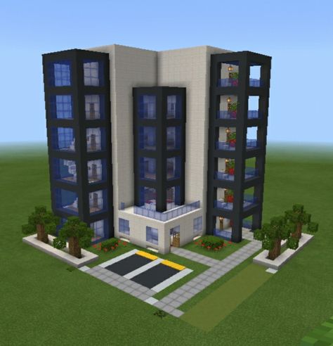 Minecraft hotel City Builds In Minecraft, Minecraft Town Modern, Minecraft Hotel Interior Ideas, Minecraft City Builds Ideas, Modern Hotel Minecraft, Hotel Ideas Minecraft, Things To Build In Minecraft City, Minecraft Hotel Build, Minecraft Urban City