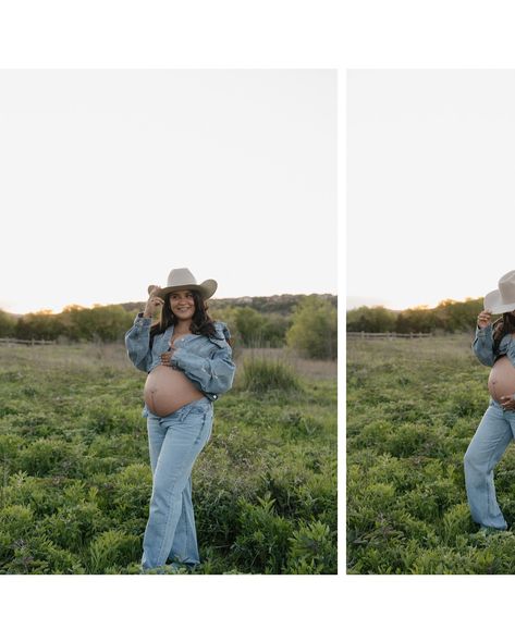 Cowboy Themed Maternity Shoot, Maternity Outfits Western, Western Style Maternity Photos, Western Maternity Shoot With Husband, Cowboy Hat Maternity Pictures, Pregnant Cowgirl Outfits, Cowgirl Maternity Shoot, Western Pregnancy Photoshoot, Cowboy Maternity Pictures