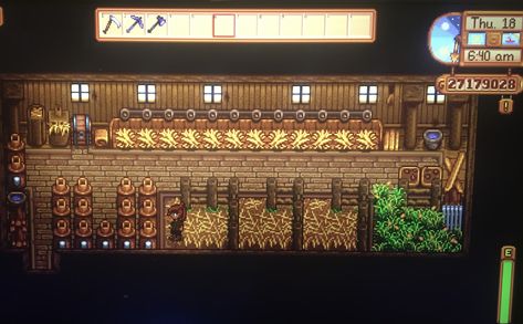 Decorated interior of Deluxe Coop Coop Design Stardew Valley, Coop Layout Stardew Valley, Stardew Coop Interior, Stardew Coop Design, Stardew Coop Layout, Stardew Valley Coop Design, Stardew Valley Chicken Coop Layout, Stardew Valley Coop Interior, Stardew Valley Barn Interior