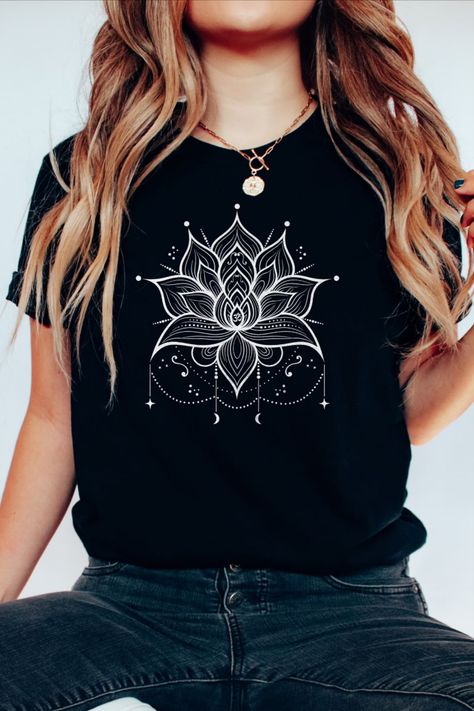 Discover your inner Zen with our Mindfulness Shirts. Our Lotus, Meditation, and Mandala designs will guide you towards Wellness. Perfect for Yoga sessions, adorned with Stars and Moon, these Tshirts resonate Spirituality and Buddhism. Find your favorite Shirt and Top today! Lotus Meditation, Minimal Shirt Design, Spiritual Shirts, Mandala Designs, Bohemian Lifestyle, Tshirt Art, Art Shirts, Shirt Collection, Unique Tshirts