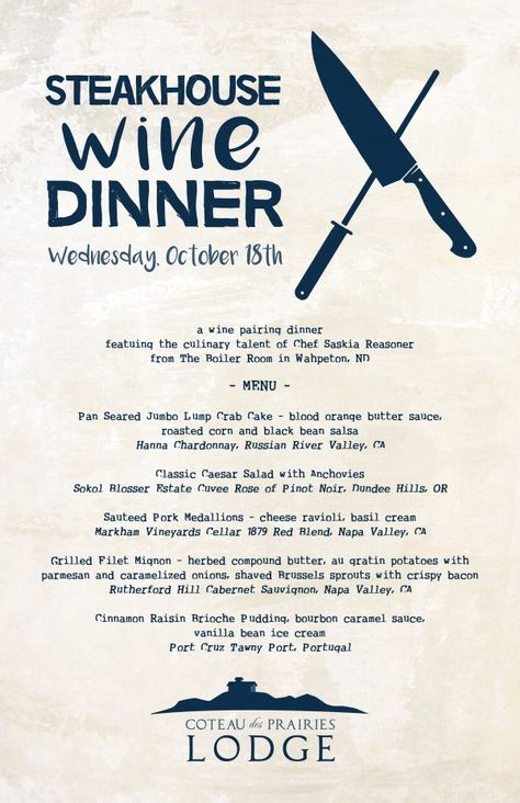 Wine Pairing Menu, Dinner And Wine, Wine Pairing Dinner, Lump Crab Cakes, Pork Medallions, Classic Caesar Salad, Black Bean Salsa, Cheese Ravioli, Wine Dinner