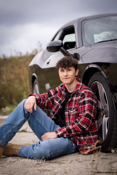 high school senior boy in plaid flannel shirt with Mustang car Senior Car Pictures, Senior Male Poses, Senior Portraits With Car, Race Car Senior Pictures, Senior Picture Ideas Boys High Schools, Senior Pic With Car, Senior Picture Ideas Car, Guy Senior Pictures With Car, Senior Picture With Car