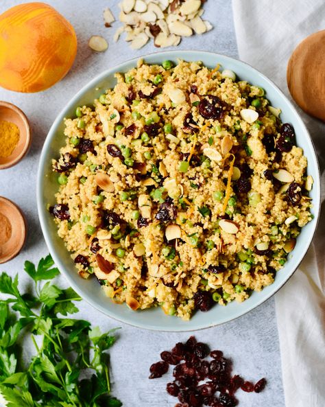 Cranberry Orange Curried Couscous Salad - Mediterranean Savor Cranberry Couscous, Curried Couscous, Seasoned Rice Vinegar, Plant Based Diet Recipes, Couscous Recipes, Couscous Salad, Seasoned Rice, Fresh Orange, Cranberry Orange