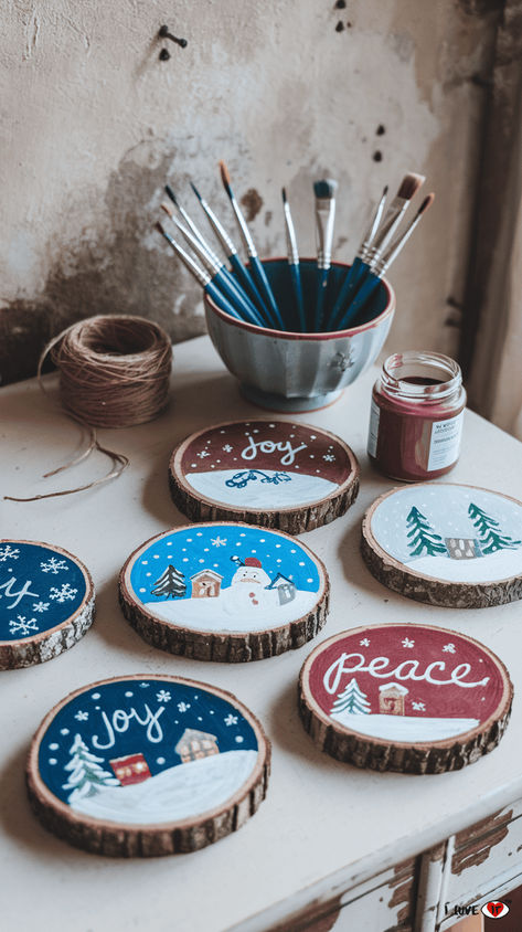 19 Easy and Fun Winter Crafts For Adults - I Luve It Home Made Simple Diy Projects, Crafts With Wooden Circles, Craft Ideas With Yarn Easy Diy, Craft Night For Adults, Simple Winter Crafts For Adults, Winter Crafts Adults, Easy Fun Crafts For Adults, Wooden Coaster Painting Ideas, Easy Winter Crafts For Adults