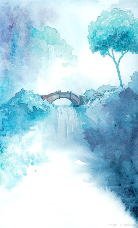 Watercolor Art Fantasy Landscape, Fantasy Watercolor Art, Teal Painting Ideas, Watercolour Animation, Naomi Vandoren, Watercolor Animation, Watercolor Fantasy Art, Fantasy Watercolor, Teal Watercolor