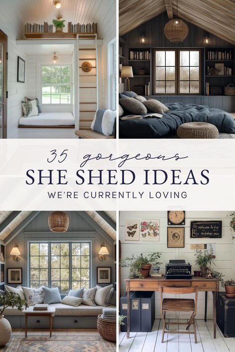 she shed ideas She Shed Airbnb, Garden Craft Room She Sheds, She Shed Library Interior, She Shed Interior Ideas Shabby Chic, She Shed Reading Nook, She Shed Layout, Cozy She Shed Interior, She Shed Room Ideas, Diy She Shed Cheap Easy