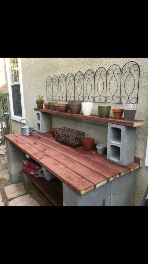 Potting Table, Concrete Block, Landscape Design Plans, Potting Bench, Cinder Block, Vegetable Gardening, Concrete Blocks, House Layouts, Garden Shed