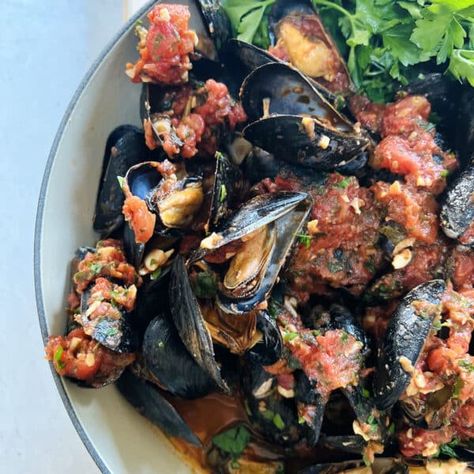 Mussels Marinara in Red Sauce (Zuppa di Mussels) - Mangia with Michele Mussels In Red Sauce, Mussels Marinara, Canning Whole Tomatoes, Garlic Uses, San Marzano Tomatoes, Cook Off, Red Sauce, Dry White Wine, Crushed Red Pepper