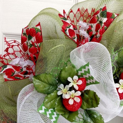 August Grove Strawberry Fields Forever Spring Handmade 24" Deco Mesh Wreath | Wayfair Deco Mesh Ribbon Wreath, Strawberry Wreath, Summer Deco Mesh Wreaths, Mesh Ribbon Wreaths, Summer Mesh Wreaths, Deco Mesh Wreaths Diy, Summer Deco, Strawberry Fields Forever, Tiny White Flowers