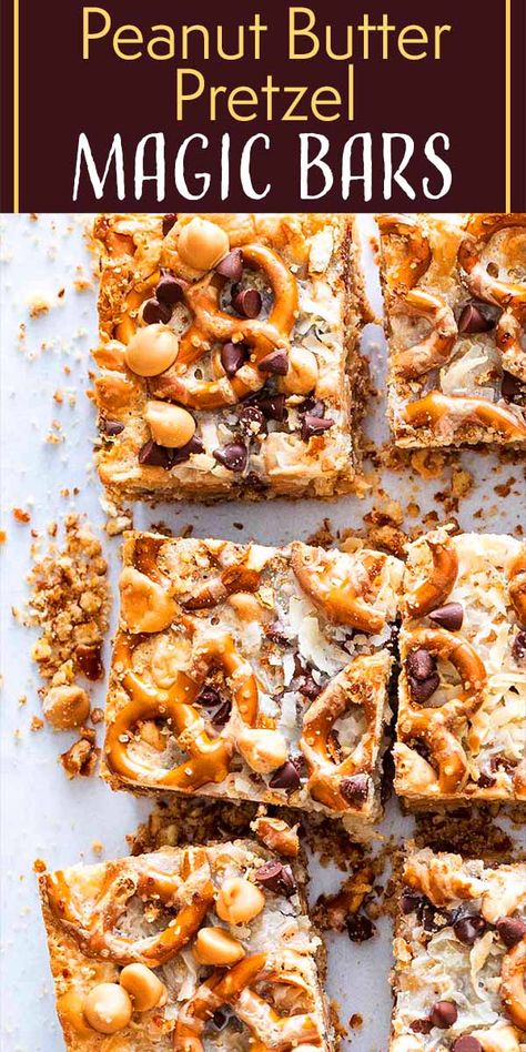 These Peanut Butter Pretzel Magic Bars are a MUST for your next party! Think: Super Bowl, office party, or birthday. They have a pretzel crust with layers of peanut butter, chocolate, coconut, and sweetened condensed milk topped with more pretzels. #peanutbutter #pretzels #coconut #simplyrecipes #barcookie #magicbars #sevenlayerbars Condensed Milk Bars Recipes, Pretzel Crust Dessert Recipes, Sweetened Condensed Milk Bars, Recipes Using Pretzels, Pretzel Magic Bars, Magic Bars Recipe, Pretzel Desserts, Pretzel Bars, Pretzel Cookies