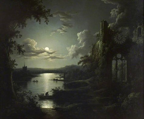 Sebastian Pether, Moonlit Lake, Gothic Landscape, Beautiful Ruins, Moonlight Painting, Gothic Church, History Painting, Art Uk, Old Paintings