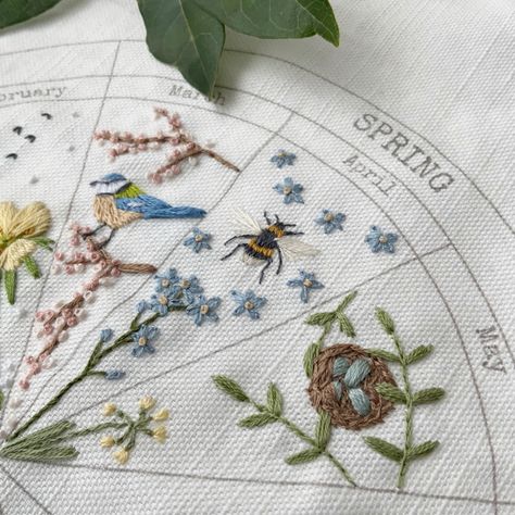 Phenology Wheel Embroidery, Pretty Embroidery Designs, Wheel Of The Year Embroidery, Monthly Embroidery, Embroidery Quilt Blocks, Phenology Wheel, Embroidery Quilt, Sewing Patchwork, Embroidery Quilting