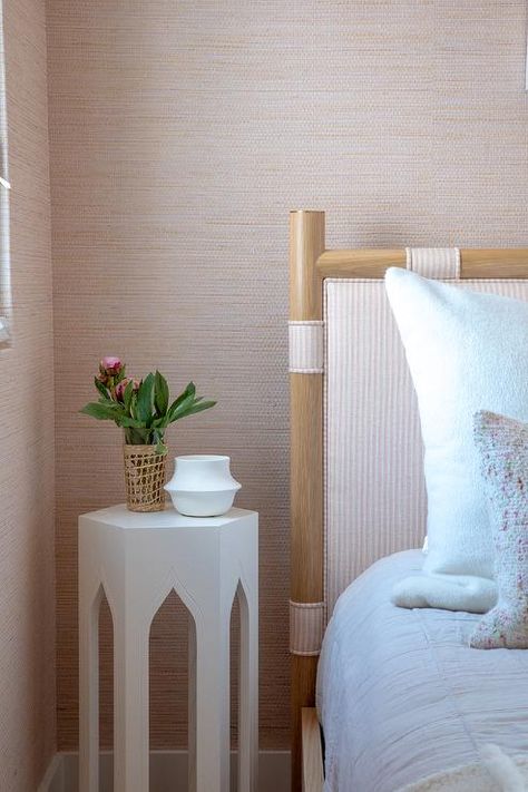 A Moroccan style bedside table sits next to a bed with a gorgeous pink stripe headboard placed against a wall clad in pink wallpaper. White Oak Nightstand, White Upholstered Bed, Style Bedside Table, Brooke Wagner Design, Brooke Wagner, Bed Drapes, Pink Bench, White Sheepskin Rug, Kate Marker Interiors