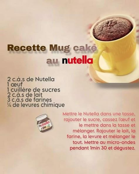 Mug Cake Chocolat, Mug Cake Cookie, Mug Cake Nutella, Cookie Mug, Nutella Mug Cake, Nutella Inspired Recipes, Brownie In A Mug, Mug Cake Recipe, Cake Mug