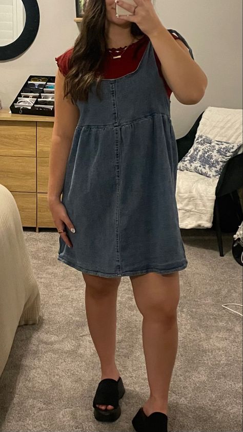 Denim overall dress, red shirt, black slide sandals Denim Overall Dress Outfit, Overall Dress Outfit, 90s Denim Dress, Thrifted Denim, Black Slide Sandals, Denim Dress Outfit, Black Overalls, Outfit 90s, Denim Overall Dress