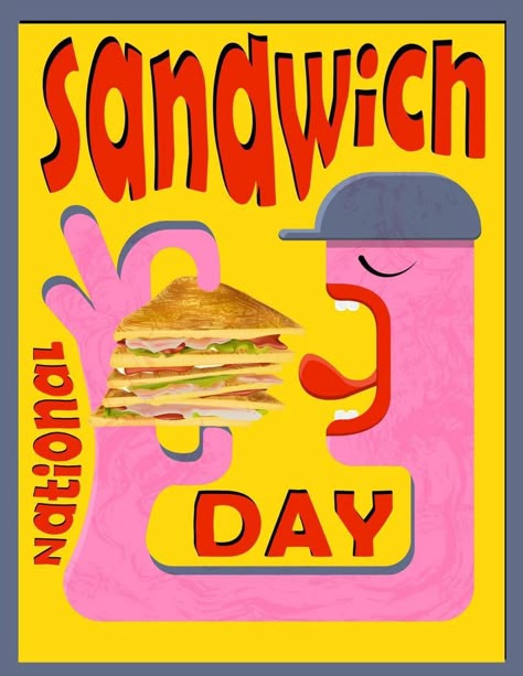 Cool fast food poster. National Sandwich Day. Trendy style banner Day of the Sandwich Sandwich Design Ideas, Sandwich Graphic Design, Sandwich Poster Design, Sandwiches Illustration, Sandwich Character, Street Food Illustration, Sandwich Poster, Sandwich Logo, Restaurant Ads