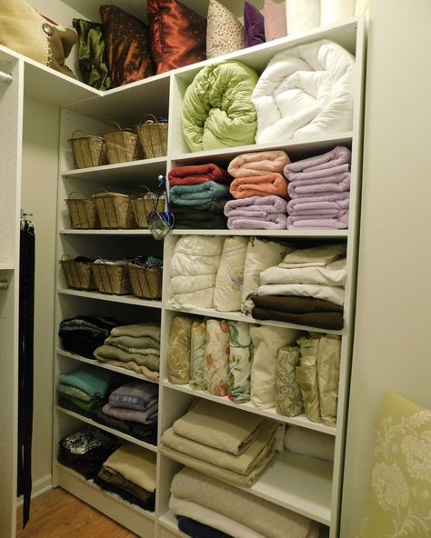 L Shaped Linen Closet, Open Shelf Linen Closet, Elfa Linen Closet, Linen Closet Shelf Height, Linen Closet Organization Hallway, Organize Sheets And Blankets Linen Closets, Linen Closet Design, Linen Cupboard, Linen Closet Organization