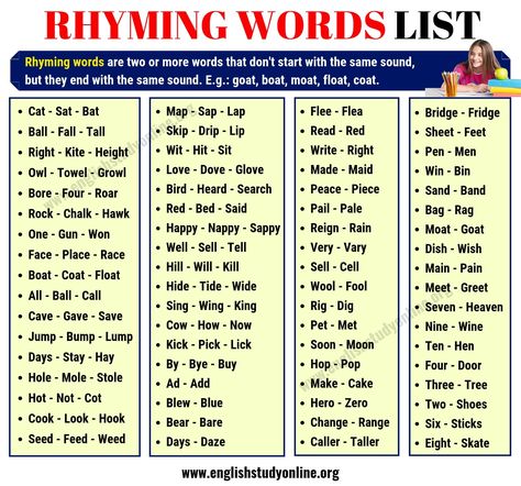 Rhyming Words | List of 70+ Interesting Words that Rhyme in English - English Study Online Rhyme Words Kindergarten, Rhyming Words Activities Kindergarten, Rhyming Words Worksheets Grade 2, Words That Rhyme List, Words That Rhyme, Rhyming Words List, Rhyme Words, Rhyming Words For Kids, Rhyming Words Activities