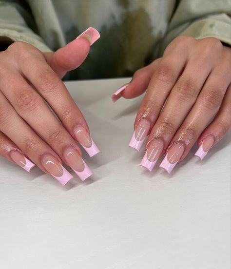 Classy Pink French Nails, Medium Square French Tip Acrylic Nails Pink, Pink French Tip Coffin Acrylic Nails, Pink French Tip Valentine Nails, Pink French Acrylics, Pink Acrylic French Tip Nails, Pink French Tip Square, Pink French Tip Nails Coffin, Rosa French Nails