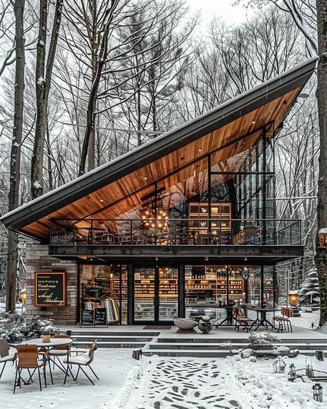 Snowy Haven Café by Maedeh Hemati @mah_design_architecture. 🔗 https://www.amazingarchitecture.com/visualization/snowy-haven-cafe-by-maedeh-hemati Maedeh Hemati: Indulge in the serene charm of this coffee shop, designed in the distinctive style of Philip Johnson architecture. The gray wood and glass facade, captured in a mesmerizing close-up shot, invites you into a world of warmth and elegance. Nestled amidst an outdoor snowy forest, the natural light filters through the glass panels, creat... Cafe In Mountains, Mountain Cafe, Philip Johnson Architecture, Light Filters, Philip Johnson, Snowy Forest, Glass Facades, Grey Wood, Glass House