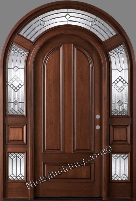 African mahogany round top door system 3003. Now offering free shipping.  #roundtopdoors #modernexteriorfrontdoors #elegantentrydoors Round Door Design, Wooden Arch Door, Arch Door Design, Arched Transom, Arched Entry Doors, Mahogany Exterior Doors, Arch Door, Custom Wood Doors, Wooden Front Door Design