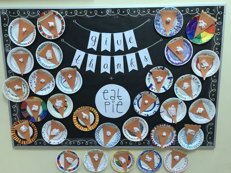 Give thanks and Eat pie bulletin board Food Bulletin Boards Preschool, Sweet As Pie Bulletin Board, November Prek Bulletin Boards, November Bulletin Boards For Kindergarten, Kindergarten Thanksgiving Bulletin Board, Pumpkin Pie Bulletin Board, Bulletin Board Ideas Thanksgiving, Pie Tasting Classroom, Pie Bulletin Board Ideas