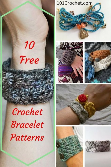 10 Easy and Free Crochet Bracelet Patterns Crochet Bracelet Patterns, Crochet Bangles, Crochet Bracelet Tutorial, Crochet Bracelets, Crochet Bracelet Pattern, Crochet Jewlery, Bracelet Crochet, Crochet Beaded Bracelets, Knit Jewelry