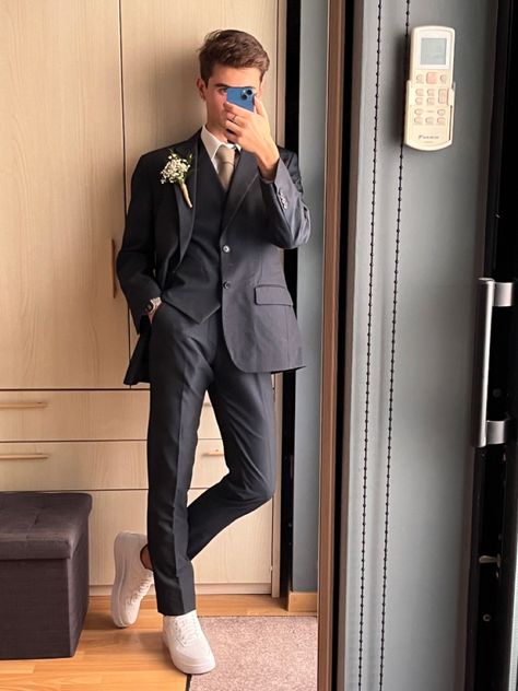 3 Piece Suit - Galliardi • Tie - Next • Shoes - Nike Neighbourhood Air Force 1 Suit For Graduation Men, Graduation Suit Men, Graduation Suit, Graduation Shoes, Next Shoes, Air Force One, Force One, Prom Outfits, Graduation Pictures