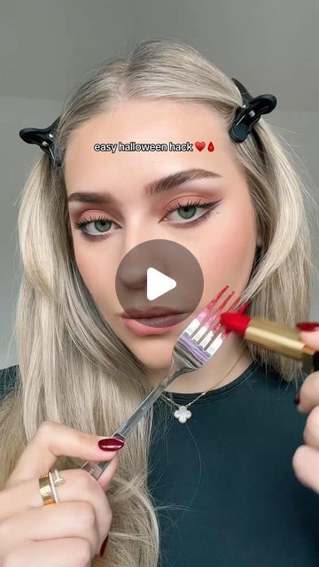 LENA on Instagram: "easy halloween makeup hack using a fork♥️🩸 AD using products from Octobers @IPSY & @boxycharm 🫶🏼 video ib: @conluzycolor product detials: @iconic.london booming & gleaming eyeshadow palette @milkmakeup kush mascara @hudabeauty liquid matte lipstick in trophy wife #makeup #halloween #halloweenlook #lastminutehalloweencostumes #halloweenmakeup #easyhalloweenmakeup #halloweenhacks #halloweenmakeuptutorial #halloweenideas #halloweencostume #halloween2023 #makeuphacks" Easy Halloween Makeup For Work, Liquid Latex Makeup Ideas, Quick Halloween Makeup, Halloween Makeup Videos, Liquid Latex Makeup, Halloween Makeup Hacks, Kush Mascara, Thanksgiving Hairstyles, Halloween Makeup Tutorial Easy