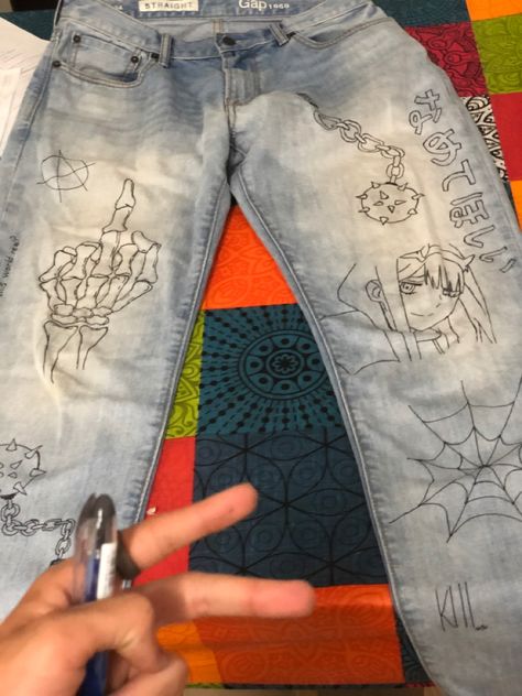 #pants #drawing #diy #style #anime #aesthetic #grunge Grunge Pants Jeans, Painting On Clothes Aesthetic, Art Pants Ideas, Drawings On Pants Ideas, Art On Pants Ideas, Pants Painting Ideas Aesthetic, Words On Pants, Things To Draw On Pants, Painted Pants Aesthetic