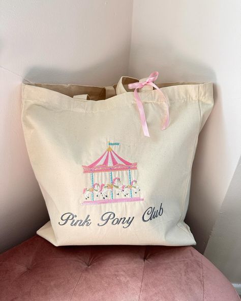 new chappell roan tote bag now available 🎠💞 Embroidery Studio, Pink Pony Club, Pony Club, Chappell Roan, Grocery Bag, Embroidery Stitches, Cotton Canvas, Tote Bag, Embroidery