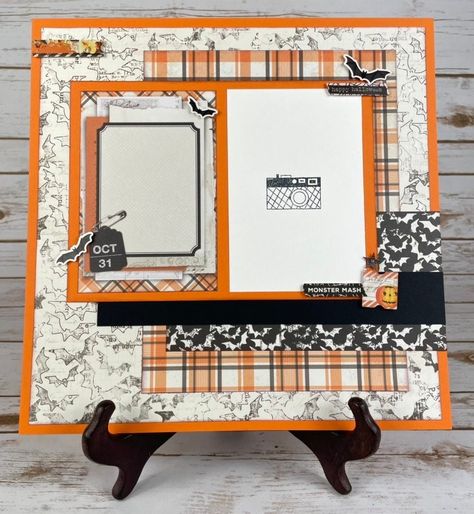 Carving Pumpkins Scrapbook Layouts, Scrapbook Layout 2 Photos, Halloween Scrapbook Ideas, Halloween Scrapbook Pages, Scrapbook Page Layouts Templates, Scrapbook Ideas Simple, Two Page Scrapbook Layouts, Halloween Scrapbook Layouts, Scrapbook Calendar