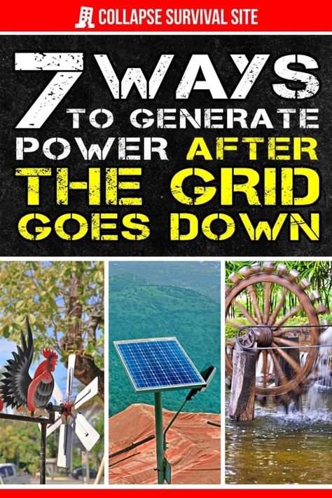 When the grid goes down, it's important to have backup sources of electricity. Here are 7 ways to generate power during an outage. Off Grid Wind Power, Off Grid Power Diy, Off Grid Electricity Ideas, Power Grid Failure Prep, How To Create Electricity, Off Grid Power Systems, How To Make Electricity, No Electricity Living, No Grid Survival Projects