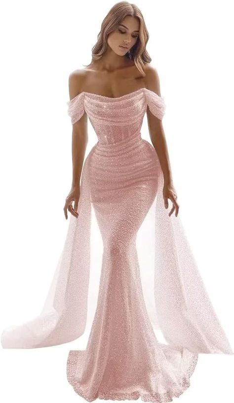 Off Shoulder Sleeve Dress, Prom Dress Inspiration Champagne, Evening Gowns For Pageants, Pink Prom Dresses Off The Shoulder, Bardot Prom Dress, Off The Shoulder Gold Dress, Long Unique Dresses, Pastel Floor Length Dress, Pink Corset Prom Dresses